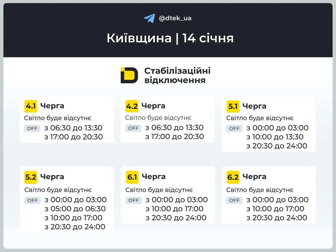 Графіки відключень у Київській області 14 січня Графіки відключень у Київській області 14 січня