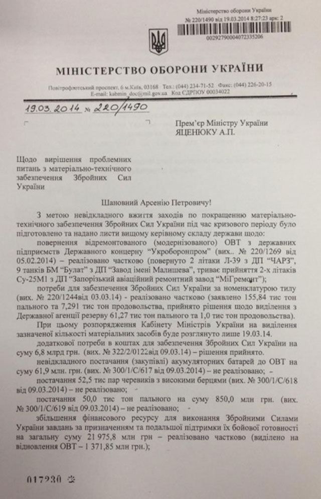 Кабмин выполнил не все просьбы украинской армии [Документ]