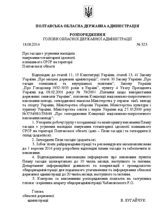 В Полтавской области уберут советские символы [Документ]