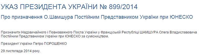 Порошенко назначил Шамшура постпредом Украины при ЮНЕСКО [Документ]
