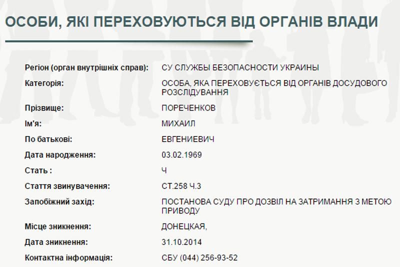 СБУ объявила в розыск Пореченкова