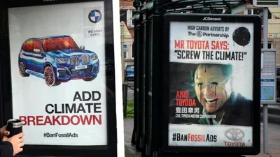Кліматичні активісти встановили сотні фальшивих рекламних щитів Toyota і BMW по всій Європі