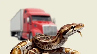 Рептилии ехали в кабине грузовика Peterbilt, но такое соседство водителю грело душу хорошим заработком
