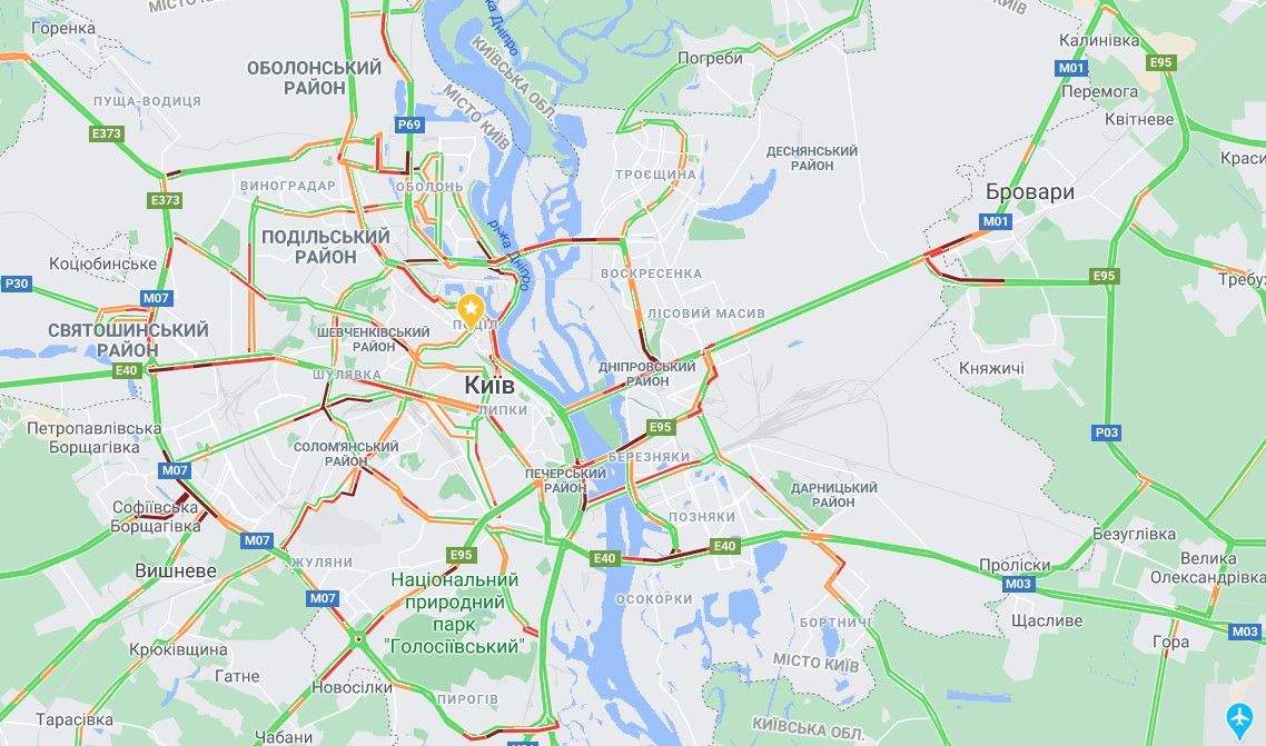 Де у Києві 10 листопада затори / Скриншот Google Maps