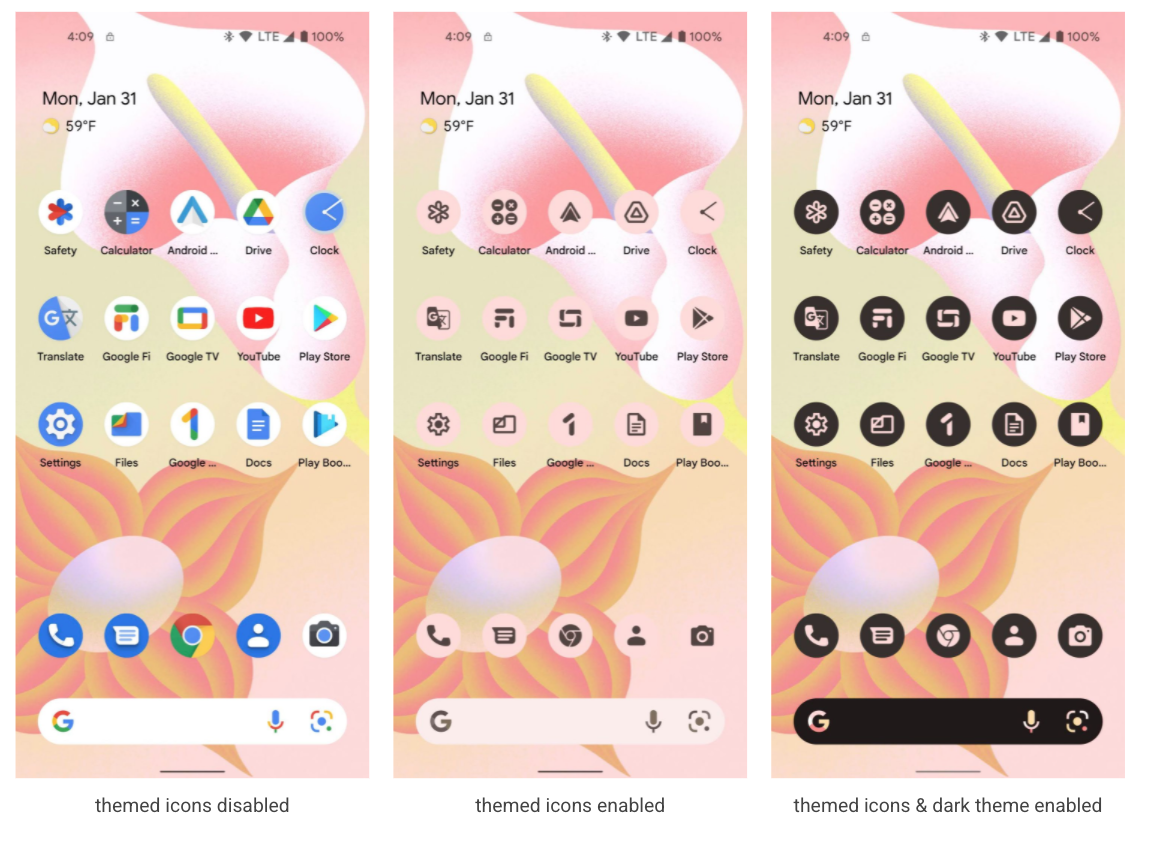 Іконки додатків підлаштуються під колірну тему всього смартфона в Android 13