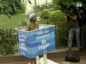 Активист PETA принял душ в центре Нью-Дели