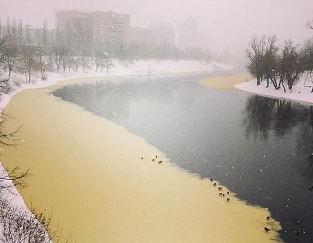 В Киеве подозрительно пожелтел Русановский канал (Фото)