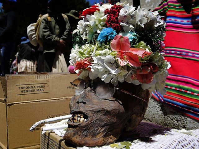 Боливийцы украсили черепа родственников цветами и сигаретами и понесли освящать Боливийцы украсили черепа родственников цветами и сигаретами и понесли освящать