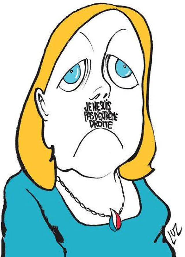 Улюблениця Путіна Марін Ле Пен з гітлерівськими вусиками. Під носом напис – Улюблениця Путіна Марін Ле Пен з гітлерівськими вусиками. Під носом напис –