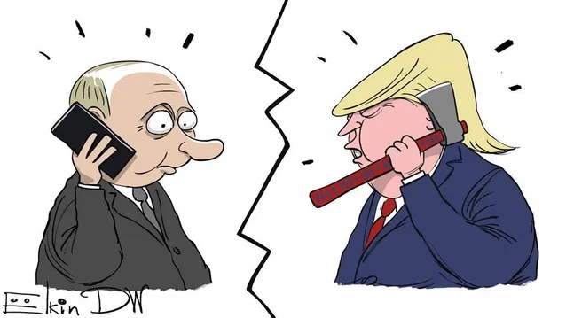Карикатура на телефонний дзвінок Володимира Путіна з Дональдом Трампом Карикатура на телефонний дзвінок Володимира Путіна з Дональдом Трампом