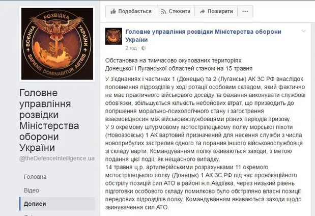 Українська розвідка сповістила про ситуацію в зоні АТО Українська розвідка сповістила про ситуацію в зоні АТО