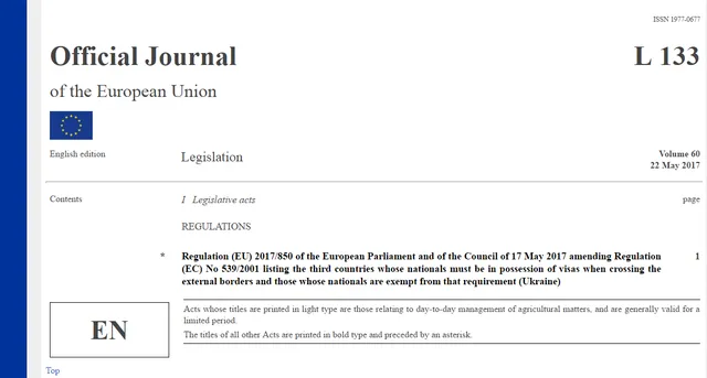Рішення про безвіз для українців опубліковано в офіційній пресі ЄС Рішення про безвіз для українців опубліковано в офіційній пресі ЄС