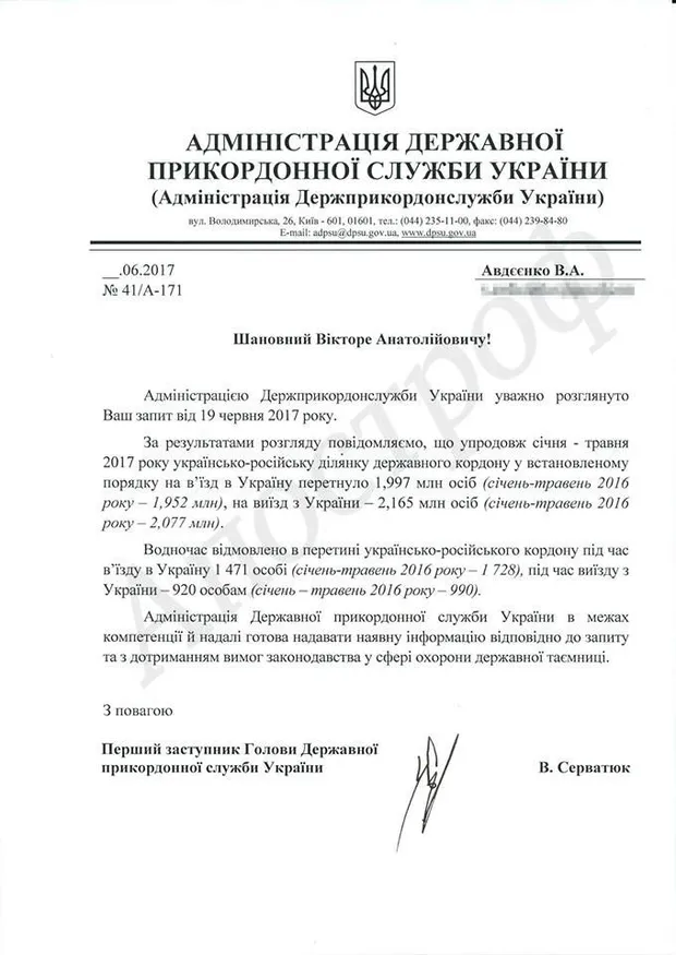Відповідь ДПСУ на запит журналістів щодо кількості росіян, яких не впустили в Україну Відповідь ДПСУ на запит журналістів щодо кількості росіян, яких не впустили в Україну