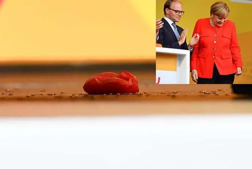 Меркель закидали помідорами під час виступу Меркель закидали помідорами під час виступу