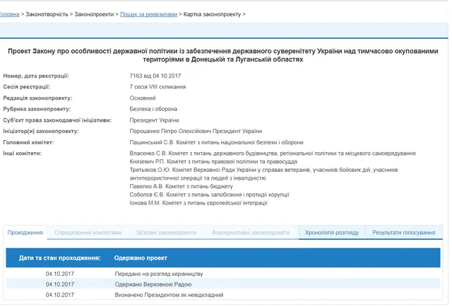 Закон про реінтеграцію Донбасу уже на сайті Верховної Ради