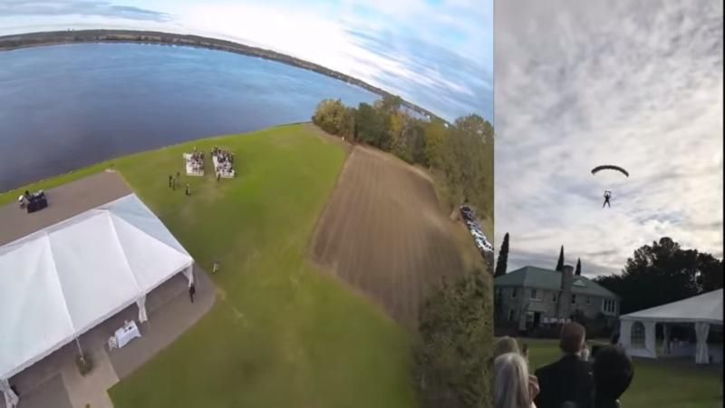 Тільки не у річку, – наречений в США прилетів на своє весілля на парашуті (відео)
