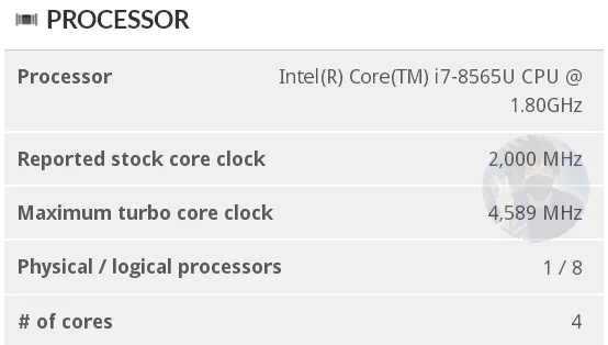 Характеристики  процесора Intel Core i7-8565U