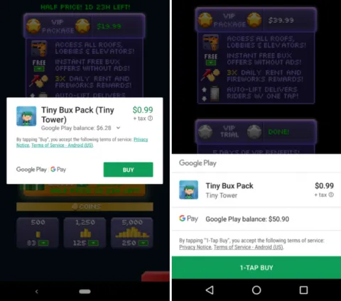 Старий спосіб оплати в Google Play (зліва) та новий (справа)