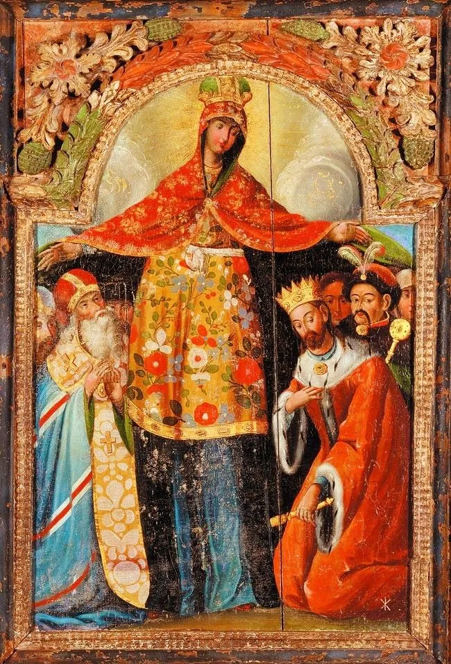 Ікона Покров Богородиці із зображенням Гетьмана Богдана Хмельницького (праворуч, із булавою) і архієпископа Лазаря Барановича (ліворуч) Ікона Покров Богородиці із зображенням Гетьмана Богдана Хмельницького (праворуч, із булавою) і архієпископа Лазаря Барановича (ліворуч)