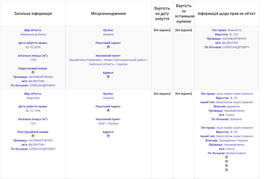 Скріншот із декларації Валентина Наливайченка Скріншот із декларації Валентина Наливайченка