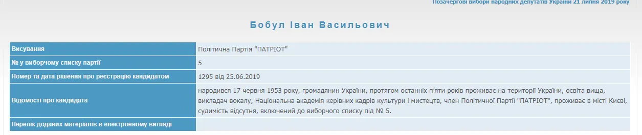 Іво Бобул, ЦВК, партія Патріот, дострокові парламентські вибори – 2019  