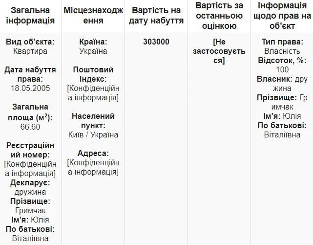 Юрій Гримчак квартира нерухомість декларація