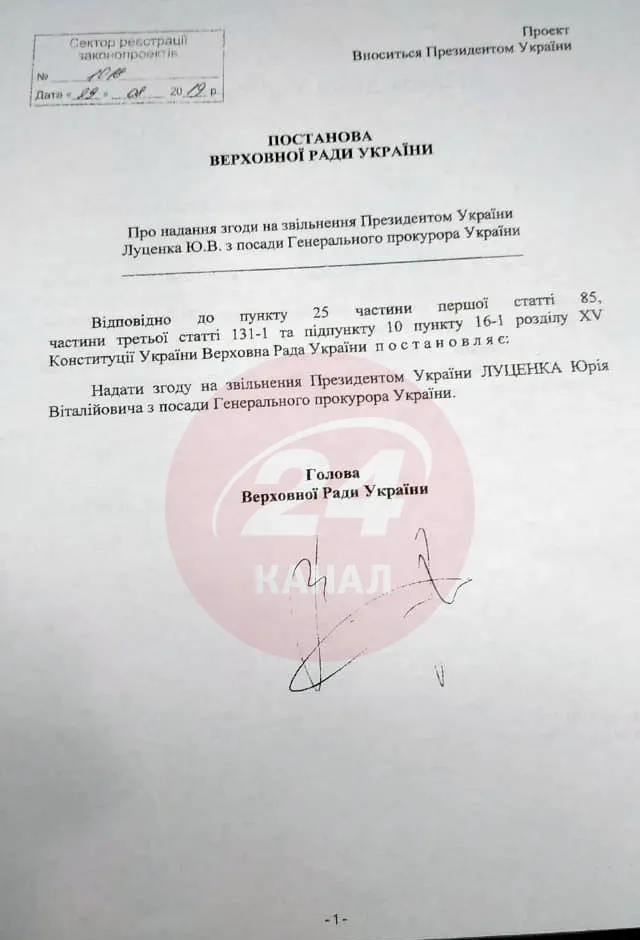 Постанова парламенту про звільнення Луценка