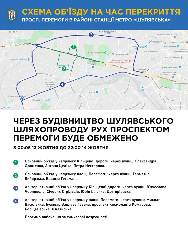 схема об'їзду проспекту перемоги в Києві перекриття руху