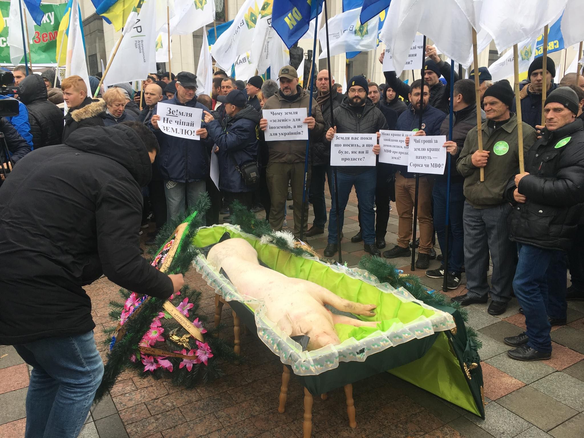 Под Радой проходит митинг против открытия рынка земли, принесли свинью в гробу: фото