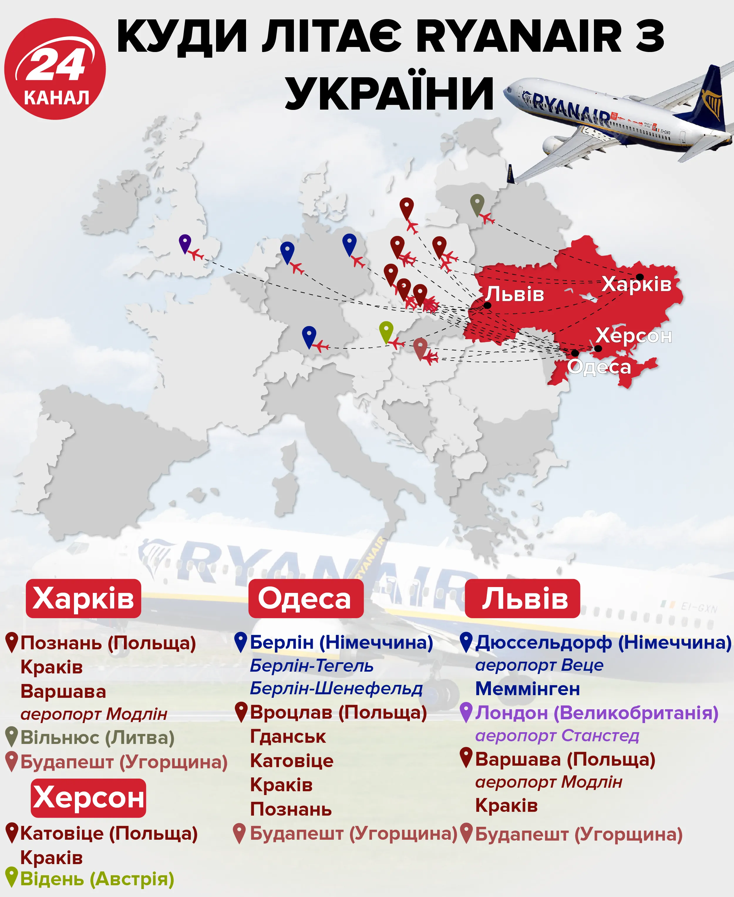 У які українські міста літає Ryanair 