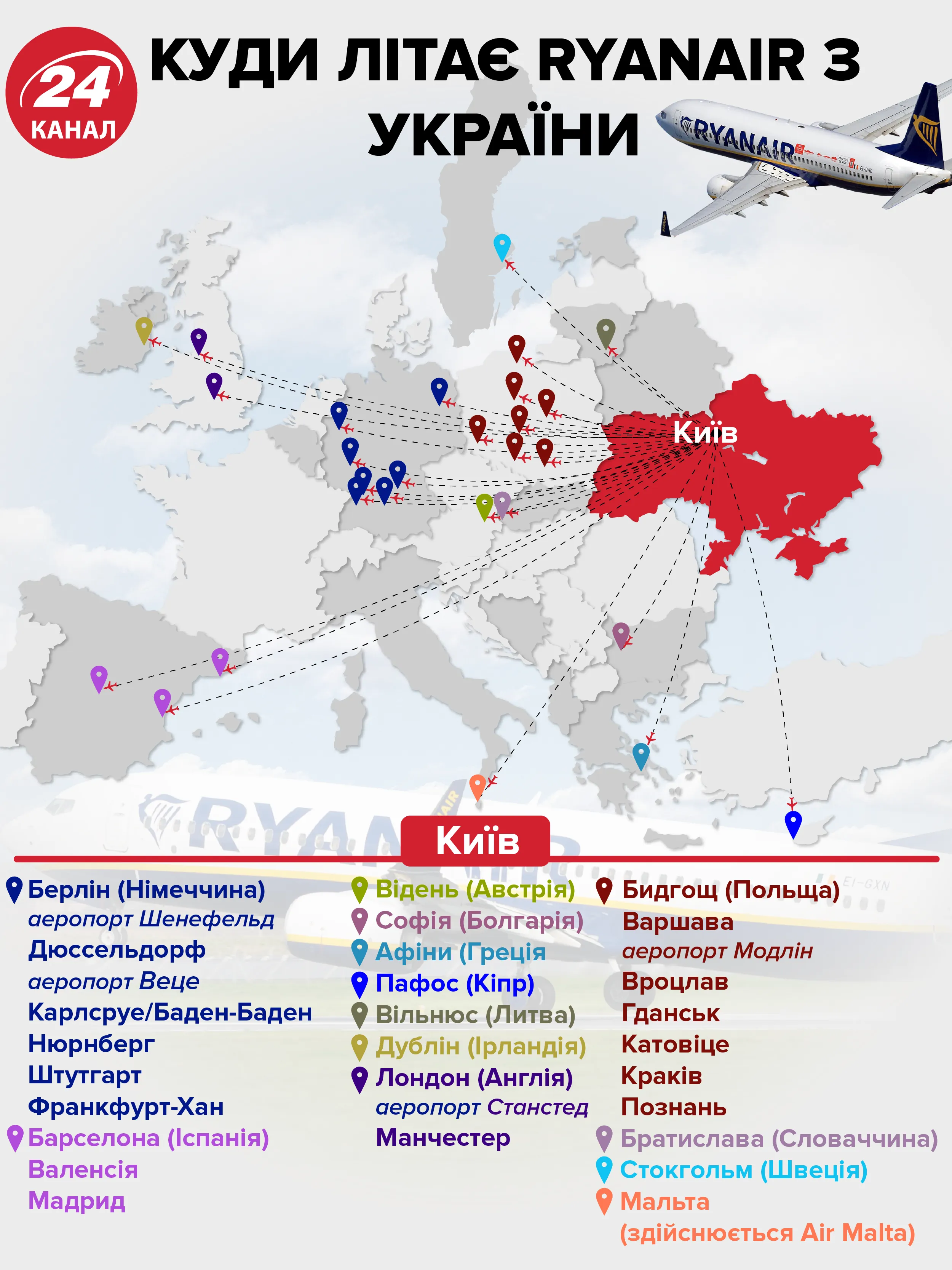 У які українські міста літає Ryanair