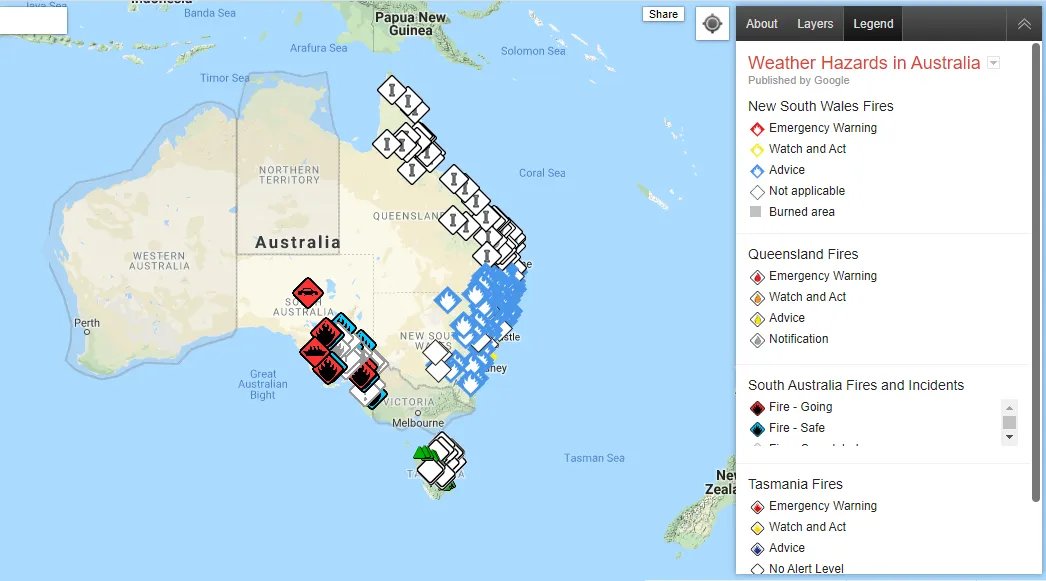 Карта епіцінтрів пожеж в Австралії