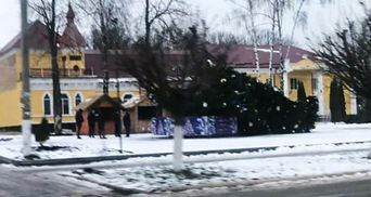 Главную новогоднюю елку в Дунаевцах Хмельницкой области сдуло ветром: фото