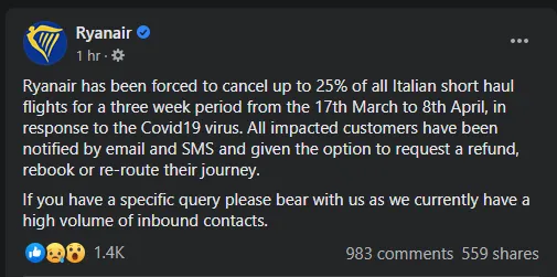 Ryanair, коронавірус, скасування рейсів, лоукост, авіація, Італія 