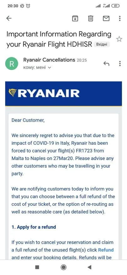 Ryanair, коронавірус, скасування рейсів, лоукост, авіація, Італія 