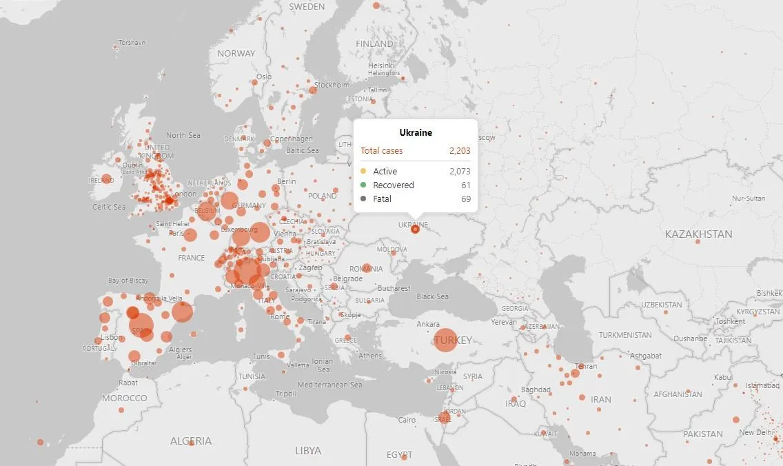 Карта для моніторингу поширення коронавірусу Карта для моніторингу поширення коронавірусу
