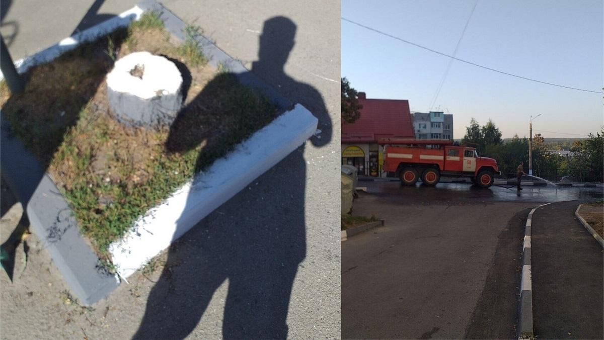 На Харьковщине к приезду Зеленского красили пеньки и мыли асфальт: фото На Харьковщине к приезду Зеленского красили пеньки и мыли асфальт: фото