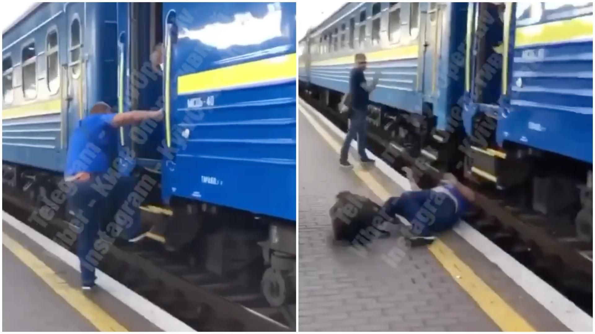 У Києві чоловік мало не загинув під час спроби сісти у потяг: відео
