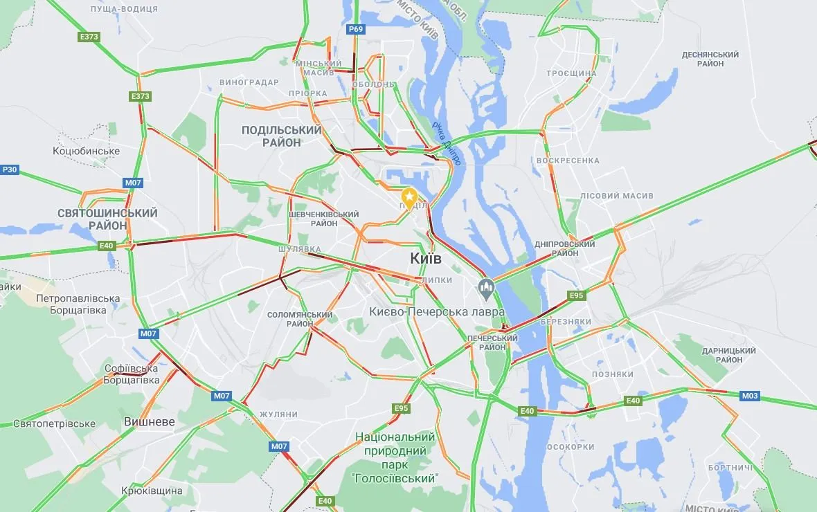 Де у Києві зранку 4 листопада затори / Скриншот Google Maps