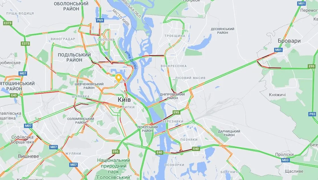 Де у Києві 6 листопада затори / Скриншот Google Maps Де у Києві 6 листопада затори / Скриншот Google Maps