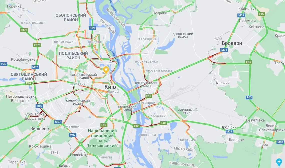 Де у Києві 10 листопада затори / Скриншот Google Maps Де у Києві 10 листопада затори / Скриншот Google Maps