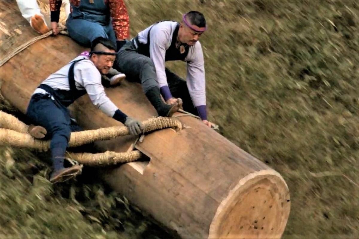 Зачем японцы спускаются со склона на огромном бревне: видео безумно опасных развлечений