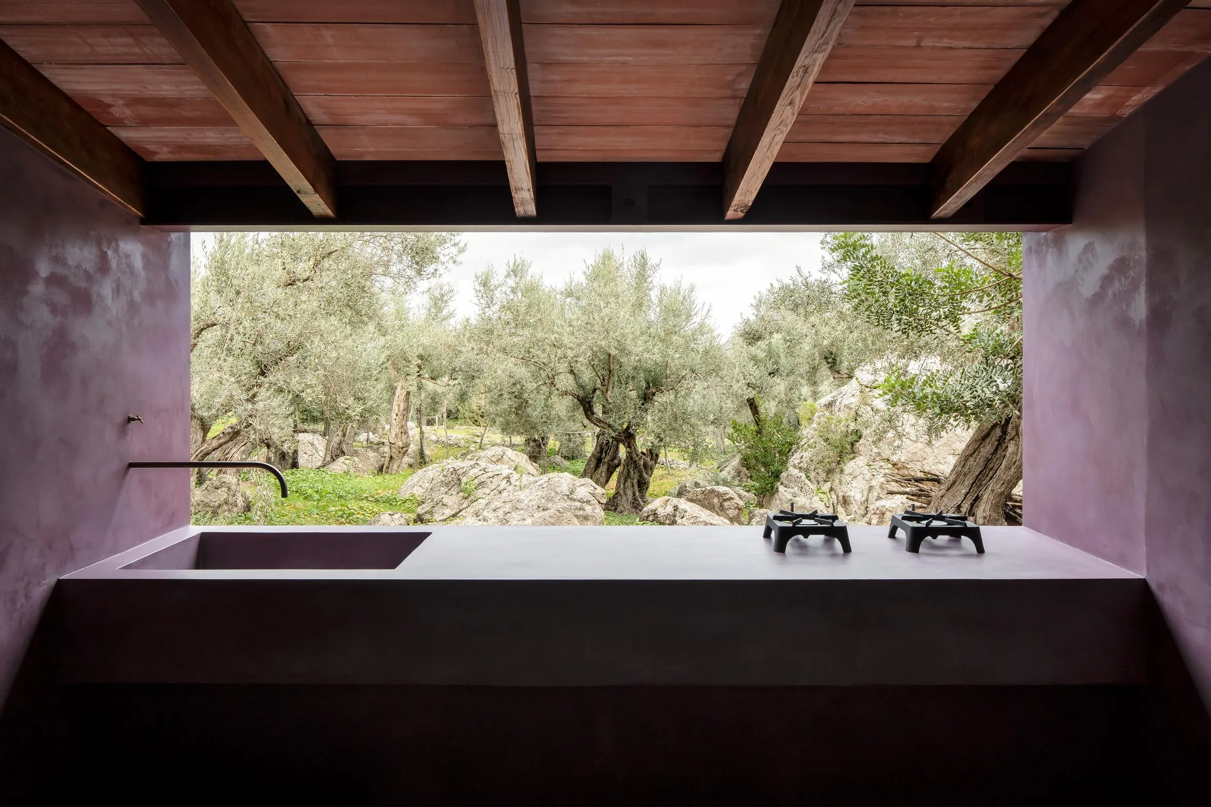 Кухня с видом на старые оливковые деревья