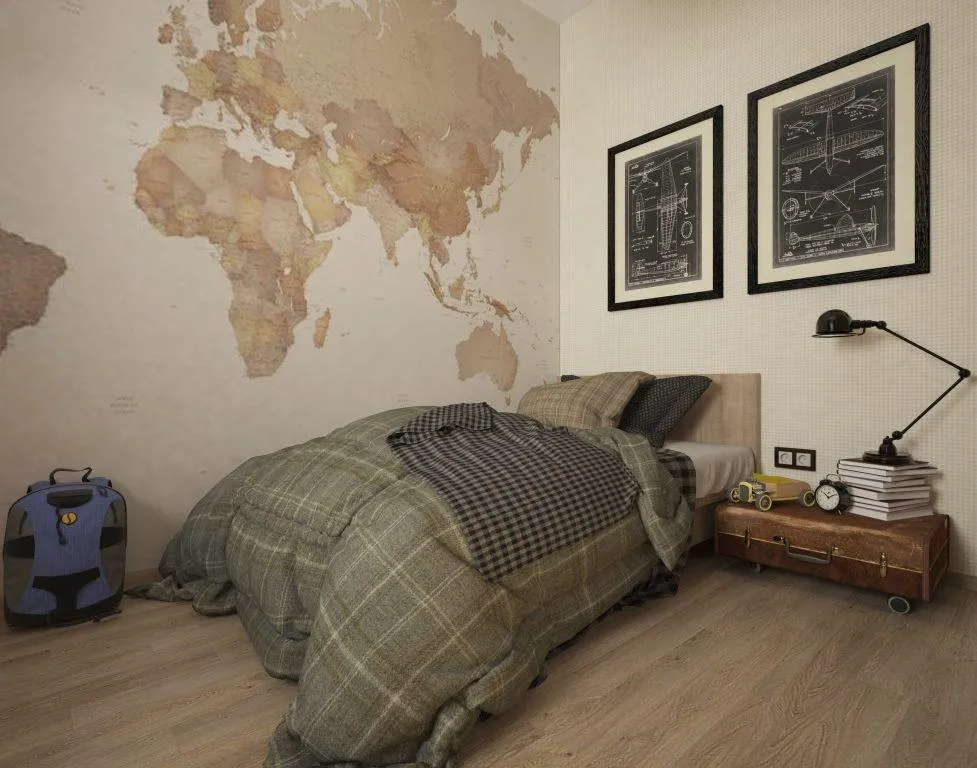 В спальне на стене изображена карта мира