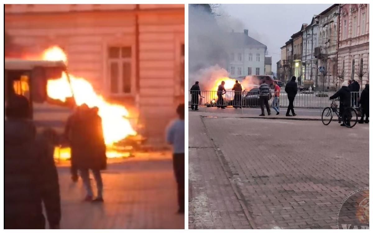 В Городке загорелась BMW после столкновения с автобусом: видео