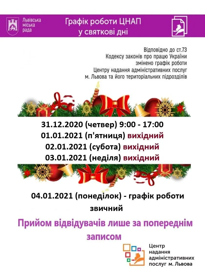 Як у період новорічних свят працюватимуть Центри надання адмінпослуг 