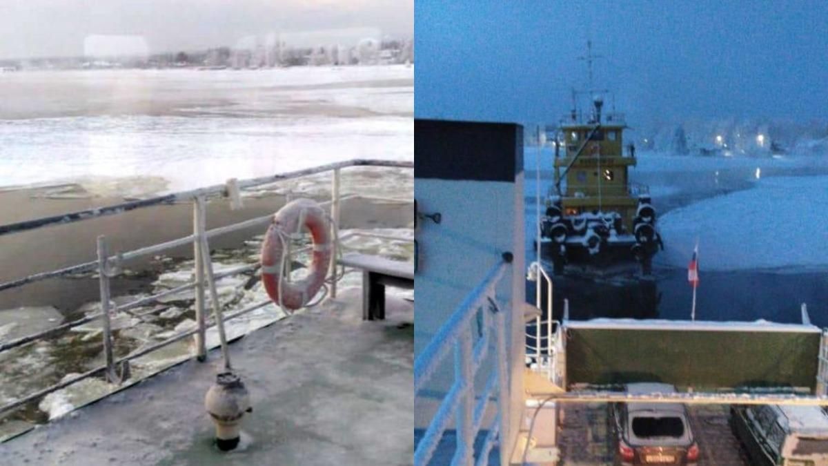 В России паром с пассажирами зажало между льдом: видео