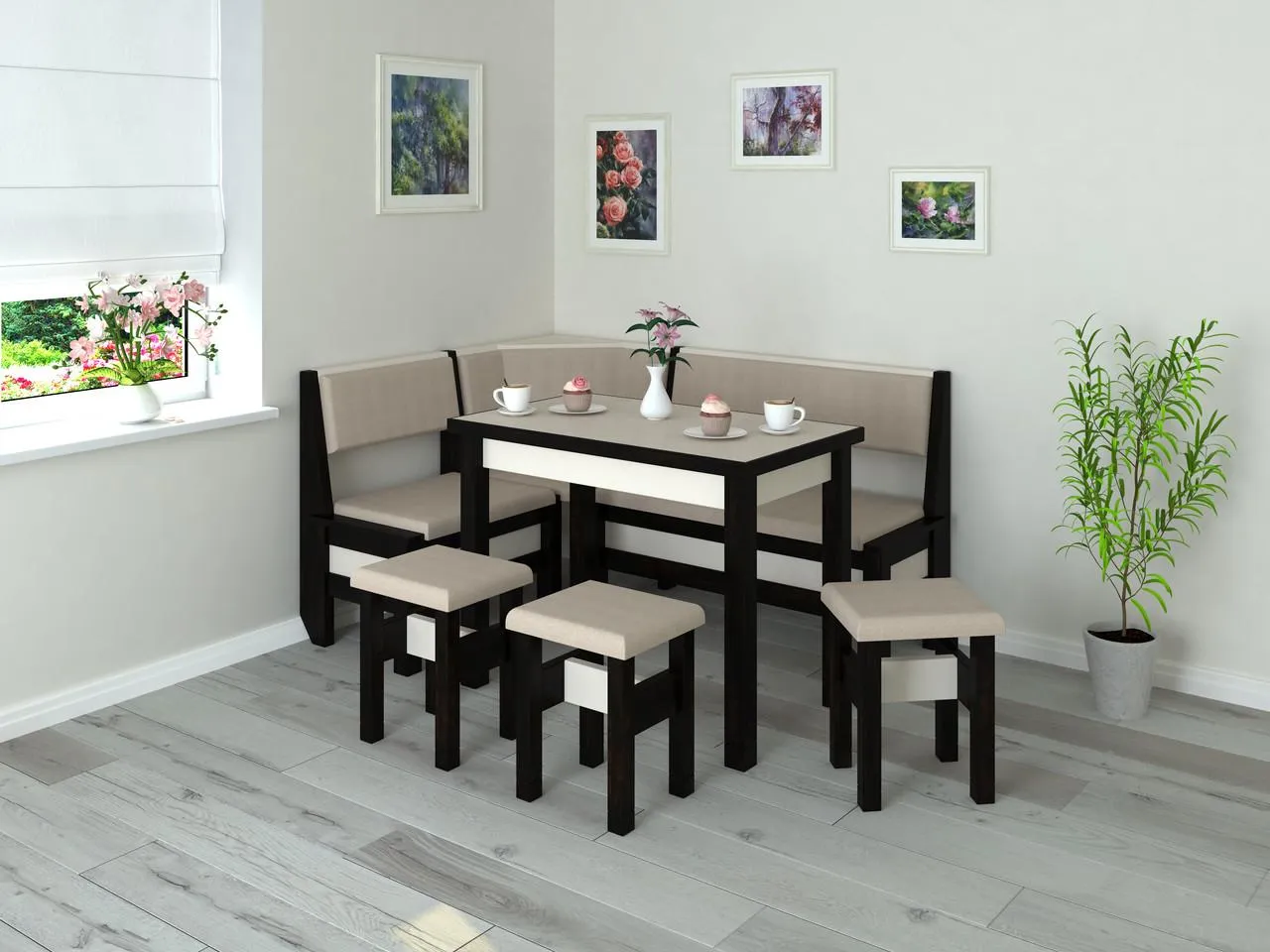 Вместо кухонного уголка лучше выберите небольшой стол и два-три стула