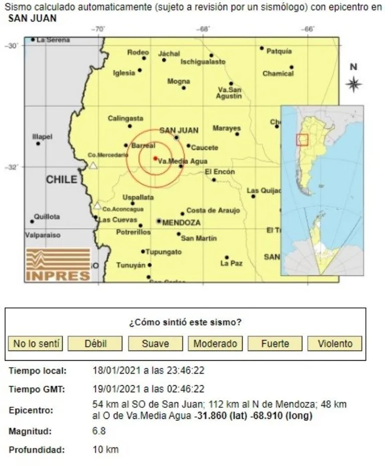 Землетрус, Аргентина, 19 січня 2021, Сан-Хуан, стихійні лиха 