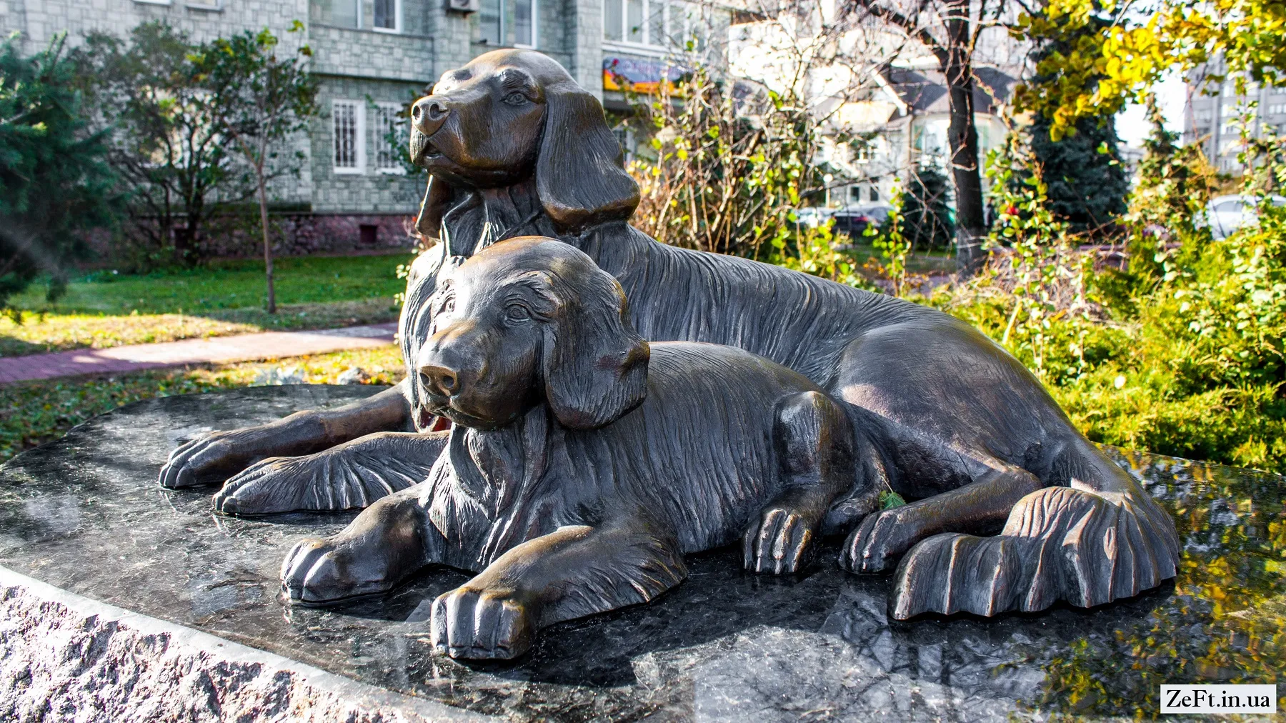 На памятнике изображены мама и щенок